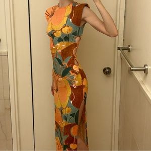 Cut out floral midi dress with slits & padded shoulders from Zara